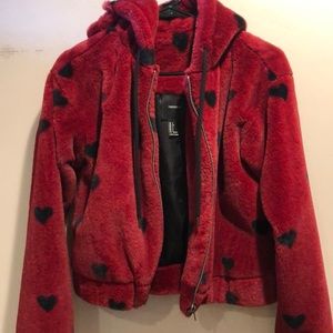 Dark Red Furry cropped jacket with hearts .